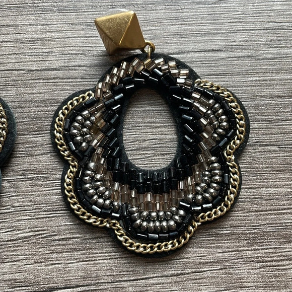 Stella & Dot Silver Gold Bead Black Dove Leather Lightweight Statement Earrings - Picture 2 of 6